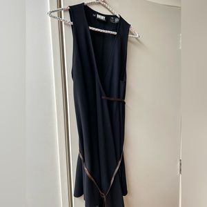 DKNY navy wool wrap mini dress leather ties